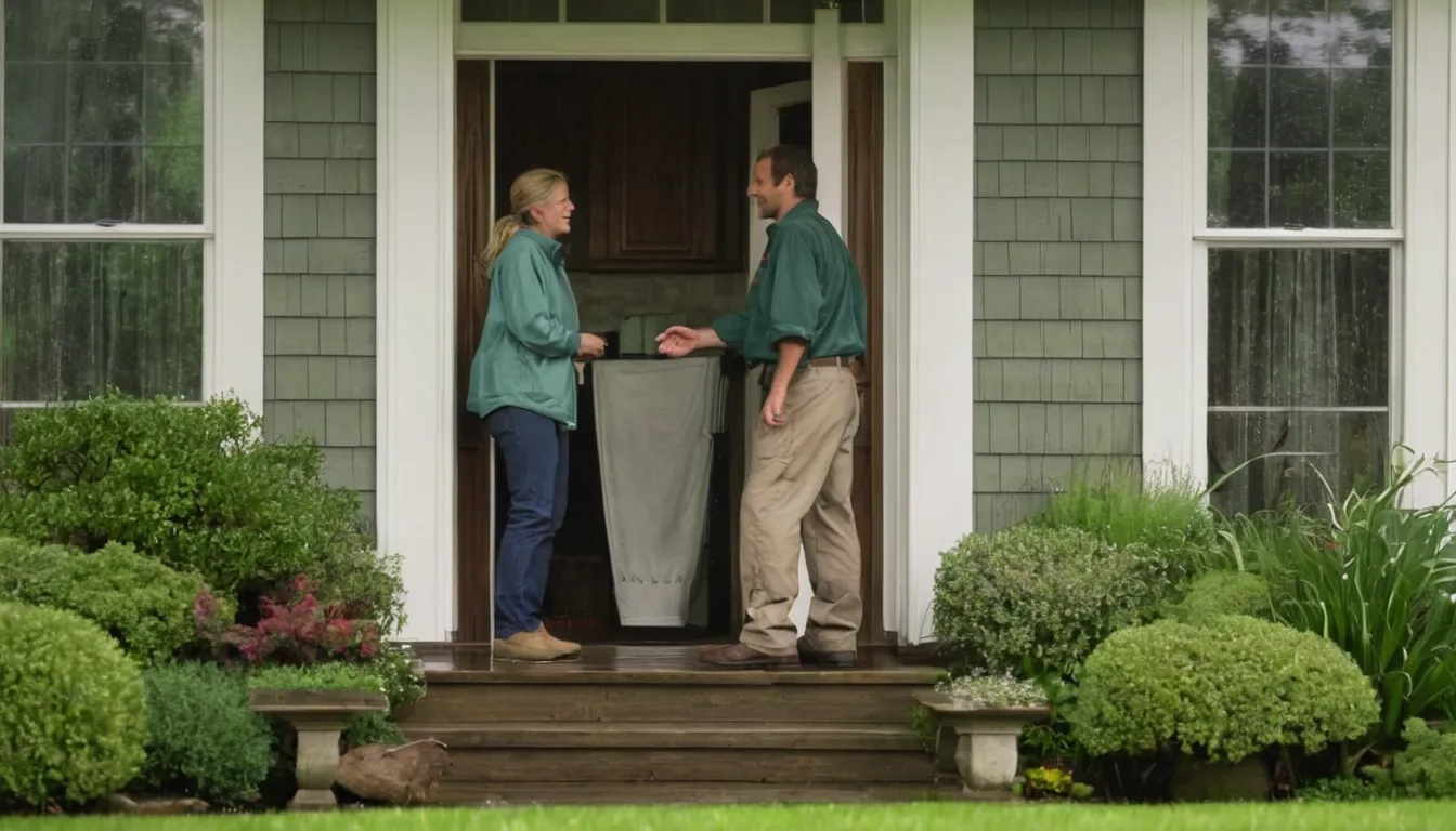 A homeowner talking with an independent pest control provider at a front door in Bellevue